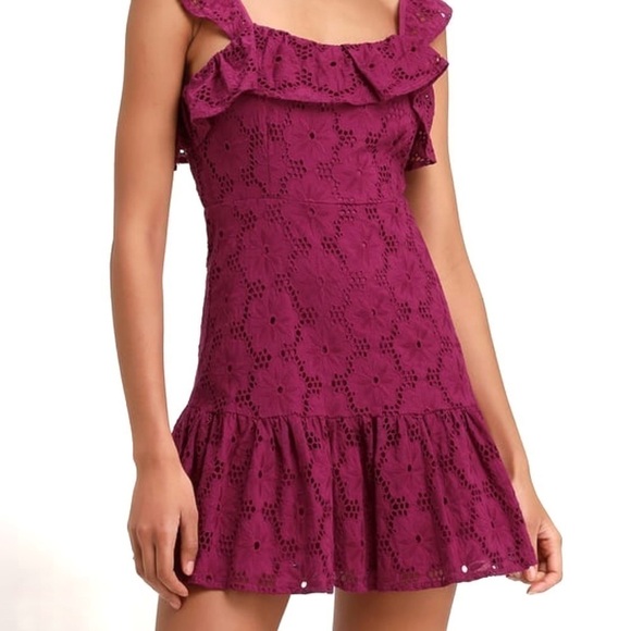 NEW-LULU’S Eyelet/Lace/Ruffled Magenta Short Dress - Picture 3 of 7